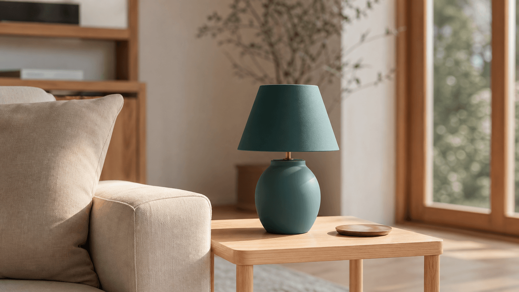 OneThing Video edit preview: Empty tabletop before, Teal table lamp after.