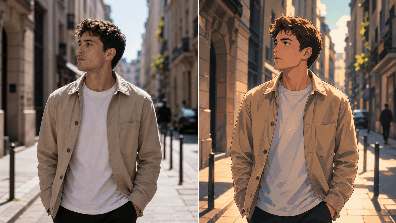OneThing Video edit preview: Original before, Styled after.